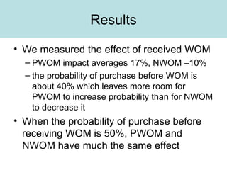 Results We measured the effect of received WOM PWOM impact averages 17%, NWOM  –10% the probability of purchase before WOM is about 40% which leaves more room for PWOM to increase probability than for NWOM to decrease it When the probability of purchase before receiving WOM is 50%, PWOM and NWOM have much the same effect 