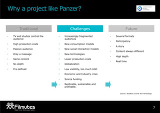 •  Several formats
•  Participatory
•  A story
•  Content always different
•  High depth
•  Real time
7
•  TV and studios control the
audience
•  High production costs
•  Passive audience
•  Only a message
•  Same content
•  No depth
•  Pre-defined
Traditional
•  Increasingly fragmented
audiences
•  New consumption models
•  New social interaction models
•  New technologies
•  Lower production costs
•  Globalization
•  Low visibility, too much UGC
•  Economic and Industry crisis
•  Scarce funding
•  Replicable, sustainable and
profitable.
Challenges
Why a project like Panzer?
Future
Source: Academy of Arts and Technology
 