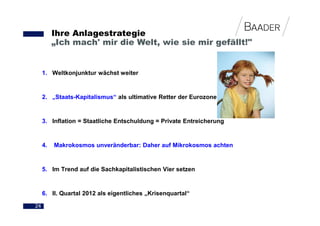 Ihre Anlagestrategie
          „Ich mach' mir die Welt, wie sie mir gefällt!"


     1. Weltkonjunktur wächst weiter


     2. „Staats-Kapitalismus“ als ultimative Retter der Eurozone


     3. Inflation = Staatliche Entschuldung = Private Entreicherung


     4.   Makrokosmos unveränderbar: Daher auf Mikrokosmos achten


     5. Im Trend auf die Sachkapitalistischen Vier setzen


     6. II. Quartal 2012 als eigentliches „Krisenquartal“

24
 