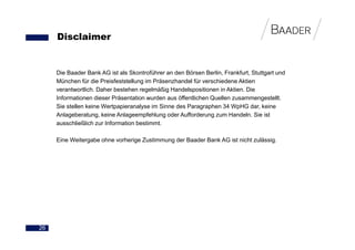 Disclaimer


     Die Baader Bank AG ist als Skontroführer an den Börsen Berlin, Frankfurt, Stuttgart und
     München für die Preisfeststellung im Präsenzhandel für verschiedene Aktien
     verantwortlich. Daher bestehen regelmäßig Handelspositionen in Aktien. Die
     Informationen dieser Präsentation wurden aus öffentlichen Quellen zusammengestellt.
     Sie stellen keine Wertpapieranalyse im Sinne des Paragraphen 34 WpHG dar, keine
     Anlageberatung, keine Anlageempfehlung oder Aufforderung zum Handeln. Sie ist
     ausschließlich zur Information bestimmt.

     Eine Weitergabe ohne vorherige Zustimmung der Baader Bank AG ist nicht zulässig.




26
 