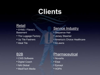 Retail
• SYMS / Filene’s
Basement
• The Luggage Factory
• Up Tite Fastners
• Ideal Tile
Clients
Service Industry
• Sequence Hair
• Jersey Steamer
• America’s Choice Healthcare
• A-Lawns
B2B
• CWS Software
• Digital Coach
• NAI Global
• MediTech Media
Pharmaceutical
• Novartis
• Eisai
• Epicept
• HOPA
 