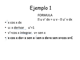 Ejemplo 1
• x cos x dx
• u: x derivar u’=1
• v’=cos x integrar v= sen x
• x cos x dx= x sen x- sen x dx=x sen x+cos x+C
FORMULA
ᶴu v’ dx = u v - ᶴu’ v dx
 