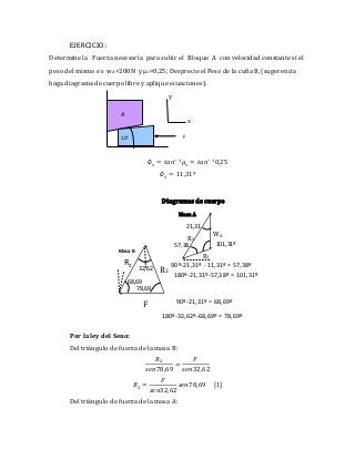 EJERCICIO:
Determine la Fuerza necesaria para subir el Bloque A con velocidad constante si el
peso del mismo es wA=200N y μs=0,25; Desprecie el Peso de la cuña B, (sugerencia
haga diagrama de cuerpo libre y aplique ecuaciones).
∅ 𝑠 = 𝑡𝑎𝑛−1
𝜇 𝑠 = 𝑡𝑎𝑛−1
0,25
∅ 𝑠 = 11,31º
Por la ley del Seno:
Del triángulo de fuerza de la masa B:
𝑅2
𝑠𝑒𝑛78,69
=
𝐹
𝑠𝑒𝑛32,62
𝑅2 =
𝐹
𝑠𝑒𝑛32,62
𝑠𝑒𝑛78,69 [1]
Del triángulo de fuerza de la masa A:
F
Masa A
WA
R1
R2
R3
Diagramas de cuerpo
libre
R2
32,62
68,69
180º-32,62º-68,69º = 78,69º
90º-21,31º = 68,69º
78,69
21,31
57,38
90º-21,31º - 11,31º = 57,38º
101,31º
180º-21,31º-57,38º = 101,31º
Masa B
x
y
F10°
A
 
