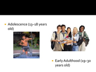 Later maturity (60 years old and over)From there, Havighurst recognized that each human has three sources for developmental tasks. Which are:Tasks that arise from physical maturation: Learning to walk, talk, control of bowel and urine, behaving in an acceptable manner to opposite sex, adjusting to menopause. Tasks that arise from personal values: Choosing an occupation, figuring out ones philosophical outlook. Tasks that have their source in the pressures of society: Learning to read, learning to be responsible citizen. 