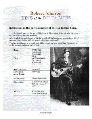 Robert Johnson
               King of the Delta Blues

Mississippi in the early summer of 1911...a legend born…

     On May 8th 1911, in the town of Hazlehurst, Mississippi, USA, a boy by the name
of Robert Leroy Johnson was born.
After a relatively settled start in life, he would quickly become accustomed to a life of
constant travel, at first with his mother, then later, by himself.
This boy would grow to be a celebrated blues musician, and recognised the world over
as the founding father of Rock ‘n’ Roll.

     Born:                  8th May 1911
                            Hazlehurst,
                            Mississippi,
                            US A
     Died:                  16th August 1938
                            Greenwood,
                            Mississippi,
                            USA

     Active career:         1929-1938
     Landmark               1936-1937
     recordings:

     Instrument:            Gibson L1 acoustic

     Education:             Indian Creek school,
                            Tunicia 1924 and
                            1927


     Alias’:                Robert Spencer
                            Little Robert Dusty




                                       Steven Clements
 