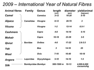 2009 – International Year of Natural Fibres Animal fibres  Family  Genus  length  diameter  yield/animal Camel Alpaca Vicu...