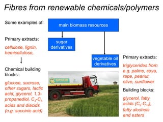 Fibres from renewable chemicals/polymers main biomass resources vegetable oil derivatives sugar derivatives Some examples ...