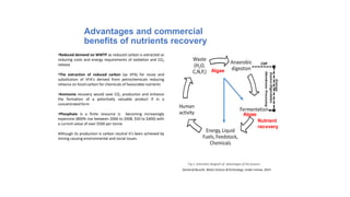 Advantages and commercial
benefits of nutrients recovery
•Reduced demand on WWTP as reduced carbon is extracted so
reducing costs and energy requirements of oxidation and CO2
release
•The extraction of reduced carbon (as VFA) for reuse and
substitution of VFA’s derived from petrochemicals reducing
reliance on fossil carbon for chemicals of favourable nutrients
•Ammonia recovery would save CO2 production and enhance
the formation of a potentially valuable product if in a
concentrated form
•Phosphate is a finite resource is becoming increasingly
expensive (800% rise between 2006 to 2008, $50 to $400) with
a current value of over $500 per tonne
Although its production is carbon neutral it’s been achieved by
mining causing environmental and social issues.
Fig.2. Schematic diagram of advantages of the process
Zacharof &Lovitt, Water Science &Technology, Under review, 2014
Nutrient
recovery
Algae
Algae
 