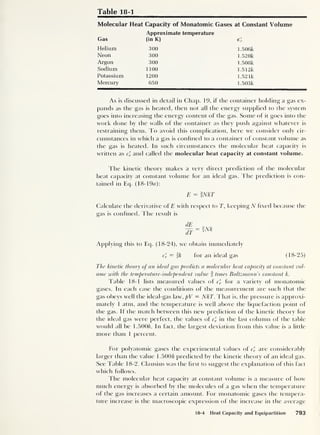 Table 18-1
Molecular Heat Capacity of Monatomic Gases at Constant Volume
Approximate temperature
Gas (in K) C'
v
Helium 300 1.506k
Neon 300 1.520k
Argon 300 1.508k
Sodium 1100 1.512k
Potassium 1200 1.521k
Mercury 650 1.503k
As is discussed in detail in Chap. 19, if the container holding a gas ex-
pands as the gas is heated, then not all the energy supplied to the system
goes into increasing the energy content of the gas. Some of it goes into the
work done by the walls of the container as they push against whatever is
restraining them. To avoid this complication, here we consider only cir-
cumstances in which a gas is confined to a container of constant volume as
the gas is heated. In such circumstances the molecular heat capacity is
written as c,', and called the molecular heat capacity at constant volume.
The kinetic theory makes a very direct prediction of the molecular
heat capacity at constant volume for an ideal gas. The prediction is con-
tained in Eq. (18- 19a):
E = INkT
Calculate the derivative of E with respect to T, keeping N fixed because the
gas is confined. The result is
dE
~dT
tNk
Applying this to Eq. (18-24), we obtain immediately
c'
v = §k for an ideal gas (18-25)
The kinetic theory of an ideal gas predicts a molecular heat capacity at constant vol-
ume with the temperature-independent value f times Boltzmann s constant k.
Table 18-1 lists measured values of c'
v for a variety of monatomic
gases. In each case the conditions of the measurement are such that the
gas obeys well the ideal-gas law, pV = NkT. That is, the pressure is approxi-
mately 1 atm, and the temperature is well above the liquefaction point of
the gas. If the match between this new prediction of the kinetic theory for
the ideal gas were perfect, the values of c» in the last column of the table
would all be 1.500&. In fact, the largest deviation from this value is a little
more than 1 percent.
For polyatomic gases the experimental values of c'
v are considerably
larger than the value 1.500k predicted by the kinetic theory of an ideal gas.
See Table 18-2. Clausius was the first to suggest the explanation of this fact
which follows.
The molecular heat capacity at constant volume is a measure of how
much energy is absorbed by the molecules of a gas when the temperature
of the gas increases a certain amount. For monatomic gases the tempera-
ture increase is the macroscopic expression of the increase in the average
18-4 Heat Capacity and Equipartition 793
 