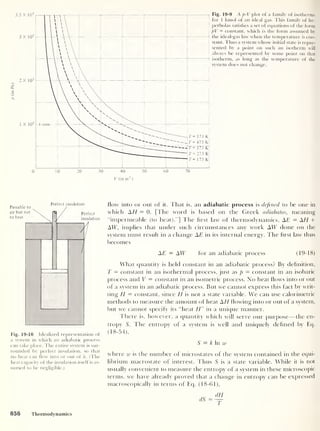 Fig. 19-9 A p-V plot of a family of isotherms
for 1 kmol of an ideal gas. This family of hy-
perbolas satisfies a set of equations of the form
pV = constant, which is the form assumed by
the ideal-gas law when the temperature is con-
stant. Thus a system whose initial state is repre-
sented by a point on such an isotherm will
always be represented by some point on that
isotherm, as long as the temperature of the
system does not change.
Fig. 19-10 Idealized representation of
a system in which an adiabatic process
can take place. The entire system is sur-
rounded by perfect insulation, so that
no heat can flow into or out of it. (The
heat capacity of the insulation itself is as-
sumed to be negligible.)
flow into or out of it. That is, an adiabatic process is defined to be one in
which A// = 0. [The word is based on the Greek adiabatos, meaning
“impermeable (to heat)."] The first law of thermodynamics, AE = AH +
AW, implies that under such circumstances any work AW done on the
system must result in a change AT in its internal energy. The first law thus
becomes
AE = AW for an adiabatic process (19-18)
What quantity is held constant in an adiabatic process? By definition,
T — constant in an isothermal process, just as p
— constant in an isobaric
process and V = constant in an isometric process. No heat flows into or out
of a system in an adiabatic process. But we cannot express this fact by writ-
ting H = constant, since H is not a state variable. We can use calorimetric
methods to measure the amount of heat A H flowing into or out of a system,
but we cannot specify its “heat H" in a unique manner.
There is. however, a quantity which will serve our purpose —the en-
tropy S. The entropy of a system is well and uniquely defined by Eq.
(18-54),
5 = k In w
where w is the number of microstates of the system contained in the equi-
librium macrostate of interest. Thus S is a state variable. While it is not
usually convenient to measure the entropy of a system in these microscopic
terms, we have already proved that a change in entropy can be expressed
macroscopically in terms of Eq. (18-61),
856 Thermodynamics
 