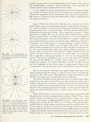 (b)
Fig. 20-21 A two-dimensional rep-
resentation of the electric field lines for
(a) a positive point charge, (b) a negative
point charge.
Fig. 20-22 A two-dimensional repre-
sentation of the electric field lines for a
set of two separated point charges.
Their signs are opposite, but their mag-
nitudes are the same. In the absence of
other charges, none of the field lines
terminate. Instead they extend continu-
ously from the positive charge to the
negative charge.
charge is proportional to the magnitude q of that charge. (The value of
the proportionality constant is chosen arbitrarily so as to provide the
clearest pictorial representation of the electric field.)
5. The number of electric field lines per unit area crossing an imagi-
nary surface normal to the direction of the lines at any location is propor-
tional to the magnitude of 8 at that location. (The value of the proportion-
ality constant is arbitrary because the total number of lines emanating from
the charge is arbitrary.)
Figure 20-20 shows the electric field lines that represent an electric
field 8 whose source is a positive point charge q. In agreement with proper-
ties 1 and 2, each line is everywhere directed away from the positive charge
because 8 everywhere is in that direction. The lines emanate uniformly in
all directions from the point charge. This is required by property 3, whose
justification is simply that space is symmetrically disposed about a point
charge in all directions. As is allowed by property 4, the total number of
lines used in the figure was chosen so that there are enough to make what
goes on clear, but not so many as to make the figure difficult to construct or
to interpret. To see that property 5 is satisfied, imagine a sphere of radius r
centered on the source charge, as in the figure. The surface area of the
sphere is 47rr
2
. Its surface is everywhere normal to the lines crossing the sur-
face. So at any location on the sphere the number of lines crossing the sur-
face per unit area is just the total number N of lines divided by the total
surface area 47rr
2
. Property 5 says that N/^nr2
. Since A is a constant,
this is equivalent to the proportionality % « 1/r2
. Is this proportionality
correct? You can see immediately that it is from the form of Coulomb’s
law given in Eq. (20-20), = ^/47re 0 r
2
. Since q/4-ne 0 is a constant, it is
evident that property 5 of electric field lines correctly describes the way
that the magnitude of the electric field of a point-source charge varies
in proportion to the inverse of the square of the distance from the charge.
Because the pattern of field lines for a point charge is the same in any
plane passing through the charge, it really is not necessary to use three di-
mensions to show the pattern. Thus Fig. 20-2 la depicts the pattern in Fig.
20-20 by showing its cross section in the plane of the page.
The electric field lines in Fig. 20-2 lb are those of a point charge whose
magnitude is the same as that of the one in Fig. 20-2 la but whose sign is
negative. The pattern is the same except for the fact that the field lines are
everywhere directed toward the negative charge since 8 is everywhere in that
direction. The situation depicted in the figure is frequently described by
saying that electric field lines begin on positive charges and end on negative
charges.
Figure 20-22 shows a cross section in the plane of the page of the field
line pattern for a set of two separated point charges. Charge 1 has a certain
positive charge, and charge 2 has an equal negative charge. Very near
charge 1 the pattern is indistinguishable from the single positive point
charge pattern in Fig. 20-2 la. And very near charge 2 it cannot be distin-
guished from the single negative point charge pattern in Fig. 20-216. The
reason is that at a location very near one of the charges, the inverse-square
distance dependence of the electric field of each single charge results in the
complete domination of the contribution of the near charge to the electric
field 8 of the pair of charges over that of the far charge. Thus each line
20-4 The Electric Field and Electric Field Lines 925
 