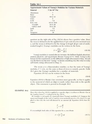 Table 16-1
Approximate Values of Young’s Modulus for Various Materials
Material Y (in 10 10
Pa)
Aluminum
Brass
Copper
Glass
Gold
Iron, cast
wrought
carbon steel
Lead
Tin
Tungsten
7
9
10 to 12
5
7.8
8.5 to 10.0
18 to 20
19 to 20
1.5
4 to 5
36
quotient on the right side of Eq. (16-5a) always has a positive value. Since
the stress is defined to be the applied force F per unit of cross-sectional area
a, and the strain is defined to be the change in length A/
per unit of undis-
tencled length /, Young’s modulus can be written in the form
_ F/a _ F l
F “ AJ/l
~
Ala
(16-5 b)
Young’s modulus is named after its inventor, the brilliant English physician,
amateur physicist, and egyptologist Thomas Young (1773-1829). Young is also
famous for his experiments on the diffraction of light (discussed in Chap. 28) and
was the first to use the term “energy” to denote something very like what we today
call kinetic energy (discussed in Chap. 7).
The strain e is a dimensionless number, so that the units of Young’s
modulus, Y = cr/e, are the same as those of stress cr, namely, pascals. Table
16-1 gives the Young’s modulus for a number of materials.
Equation (16-5a) can be written in the form
cr = Ye (16-6)
Equation (16-6) is Hooke’s law rewritten more generally, so that it applies
to the material of which an object is made rather than only to the specific
object. This statement is proved in Example 16-2.
Show that when Eq. (16-6) is applied to a specific object, it reduces to Hooke’s law in
the familiar form F = k A! given by Eq. (16-1).
Consider a rod made of a material whose Young’s modulus is Y. Suppose the
unstressed length of the rod is / and its cross-sectional area is a. If a force F is ap-
plied to this rod, the rod will distend by an amount A/. Equation (16-6) then be-
comes
F At
~a
~ Y
~l
If you multiply both sides of this equation by a, you obtain
(16-7a)
702 Mechanics of Continuous Media
 