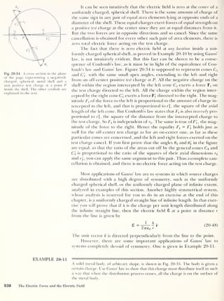 A
Fig. 20-34 A cross section in the plane
of the page representing a negatively
charged, spherical, metal shell and a
unit positive test charge at a point P
inside the shell. The other symbols are
explained in the text.
EXAMPLE 20-11
It can be seen intuitively that the electric field is zero at the center of a
uniformly charged, spherical shell. There is the same amount of charge of
the same sign in any pair of equal area elements lying at opposite ends of a
diameter of the shell. These equal charges exert forces of equal strength on
a positive test charge at the center since they are at equal distances from it.
But the two forces are in opposite directions and so cancel. Since the same
cancellation is obtained for every other such pair of area elements, there is
zero total electric force acting on the test charge.
The fact that there is zero electric field at any location inside a uni-
formly charged spherical shell, as proved in Example 20-10 by using Gauss’
law, is not intuitively evident. But this fact can be shown to be a conse-
quence of Coulomb's law, as it must be in light of the equivalence of Cou-
lomb’s law and Gauss’ law. Figure 20-34 is supposed to represent cones
and C[, with the same small apex angles, extending to the left and right
from an off-center positive test charge at P. All the negative charge on the
shell within the region intercepted by the left cone Cx exerts a force Fx on
the test charge directed to the left. All the charge within the region inter-
cepted by the right coneCj exerts a force FJ directed to the right. The mag-
nitude fq of the force to the left is proportional to the amount of charge in-
tercepted to the left, and that is proportional to r, the square of the axial
length of the left cone. But Coulomb’s law states that iq is also inversely pro-
portional to rf, the square of the distance from the intercepted charge to
the test charge. So fq is independent of rq . The same is true offq, the mag-
nitude of the force to the right. Hence the equality fq = F[ holds just as
well for the off-center test charge as for an on-center one, as far as these
particular cones are concerned, and the left and right forces exerted on the
test charge cancel. If you first prove that the angles d2 and d 2 in the figure
are equal, so that the ratio of the areas cut off by the general cones C2 and
C2 is proportional to the ratio of the squares of their axial dimensions r2
and r 2 ,
you can apply the same argument to this pair. Thus a complete can-
cellation is obtained, and there is no electric force acting on the test charge.
Most applications of Gauss’ law are to systems in which source charges
are distributed with a high degree of symmetry, such as the uniformly
charged spherical shell, or the uniformly charged plane of infinite extent,
analyzed in examples of this section. Another highly symmetrical system,
whose analysis is reserved for you to do in an exercise at the end of this
chapter, is a uniformly charged straight line of infinite length. In that exer-
cise you will prove that if A is the charge per unit length distributed along
the infinite straight line, then the electric field 8 at a point at distance r
from the line is given by
8 =
1
277e0
(20-48)
The unit vector r is directed perpendicularly from the line to the point.
However, there are some important applications of Gauss’ law to
systems completely devoid of symmetry. One is given in Example 20-11.
A solid metal body, of arbitrary shape, is shown in Fig. 20-35. The body is given a
certain charge. Use Gauss’ law to show that this charge must distribute itself in such
a way that when the distribution process ceases, all the charge is on the surface of
the metal body.
938 The Electric Force and the Electric Field
 