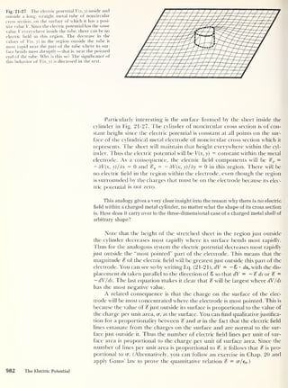 Fig. 21-27 The electric potential V(x, y) inside and
outside a long, straight metal tube of noncircular
cross section, on the surface of which it has a posi-
tive value V. Since the electric potential has the same
value V everywhere inside the tube, there can be no
electric field in this region. The decrease in the
values of V(x, y) in the region outside the tube is
most rapid near the part of the tube where its sur-
face bends most abruptly —that is, near the pointed
end of the tube. Why is this so? The significance of
this behavior of V(x, y) is discussed in the text.
Particularly interesting is the surface formed by the sheet inside the
cylinder in Fig. 21-27. The cylinder of noncircular cross section is of con-
stant height since the electric potential is constant at all points on the sur-
face of the cylindrical metal electrode of noncircular cross section which it
represents. The sheet will maintain that height everywhere within the cyl-
inder. Thus the electric potential will be V(x, y)
= constant within the metal
electrode. As a consequence, the electric held components will be %x =
— dV(x, y)/dx — 0 and — — dV{x, y)/dy = 0 in this region. There will be
no electric held in the region within the electrode, even though the region
is surrounded by the charges that must be on the electrode because its elec-
tric potential is not zero.
This analogy gives a very clear insight into the reason why there is no electric
field within a charged metal cylinder, no matter what the shape of its cross section
is. How does it carry over to the three-dimensional case of a charged metal shell of
arbitrary shape?
Note that the height of the stretched sheet in the region just outside
the cylinder decreases most rapidly where its surface bends most rapidly.
Thus for the analogous system the electric potential decreases most rapidly
just outside the “most pointed” part of the electrode. This means that the
magnitude % of the electric held will be greatest just outside this part of the
electrode. You can see so by writing Eq. (21-21), dV = — 8* <is, with the dis-
placement ds taken parallel to the direction of 8 so that dV = — % ds or f =
— dV/ds. The last equation makes it clear that % will be largest where dV/ds
has the most negative value.
A related consequence is that the charge on the surface of the elec-
trode will be most concentrated where the electrode is most pointed. This is
because the value of c? just outside its surface is proportional to the value of
the charge per unit area, cr, at the surface. You can find qualitative justifica-
tion for a proportionality between % and cr in the fact that the electric held
lines emanate from the charges on the surface and are normal to the sur-
face just outside it. Thus the number of electric held lines per unit of sur-
face area is proportional to the charge per unit of surface area. Since the
number of lines per unit area is proportional to it follows that % is pro-
portional to cr. (Alternatively, you can follow an exercise in Chap. 20 and
apply Gauss’ law to prove the quantitative relation % = cr/e0 .)
982 The Electric Potential
 