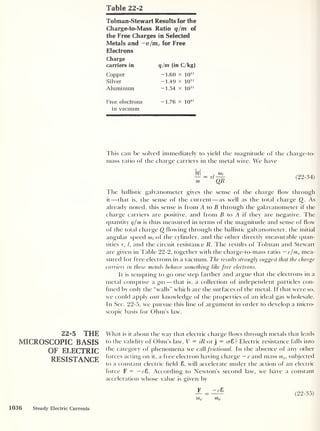 Table 22-2
Tolman-Stewart Results for the
Charge-to-Mass Ratio q/m of
the Free Charges in Selected
Metals and —e/me for Free
Electrons
Charge
carriers in q/m (in C/kg)
Copper
Silver
Aluminum
-1.60 x 10 11
-1.49 X 10 11
-1.54 x 10 11
Free electrons —1.76 x 10 n
in vacuum
This can be solved immediately to yield the magnitude of the charge-to-
mass ratio of the charge carriers in the metal wire. We have
M _ on
m
7
QR
(22-34)
The ballistic galvanometer gives the sense of the charge flow through
it —that is, the sense of the current —as well as the total charge Q. As
already noted, this sense is from A to B through the galavanometer if the
charge carriers are positive, and from B to A if they are negative. The
quantity q/m is thus measured in terms of the magnitude and sense of flow
of the total charge Q flowing through the ballistic galvanometer, the initial
angular speed w,- of the cylinder, and the other directly measurable quan-
tities r, l, and the circuit resistance R. The results of Tolman and Stewart
are given in Table 22-2, together with the charge-to-mass ratio — e/m? mea-
sured for free electrons in a vacuum. The results strongly suggest that the charge
carriers in these metals behave something like free electrons.
It is tempting to go one step farther and argue that the electrons in a
metal comprise a gas —that is, a collection of independent particles con-
fined by only the “walls” which are the surfaces of the metal. If that were so,
we could apply our know ledge of the properties of an ideal gas wholesale.
In Sec. 22-5, we pursue this line of argument in order to develop a micro-
scopic basis for Ohm’s law.
22-5 THE
MICROSCOPIC BASIS
OF ELECTRIC
RESISTANCE
What is it about the way that electric charge flows through metals that leads
to the validity of Ohm’s law, V = iR or j
= cr8? Electric resistance falls into
the category of phenomena we call frictional. In the absence of any other
forces acting on it, a free electron having charge — e and mass me ,
subjected
to a constant electric field 8, will accelerate under the action of an electric
force F = — r8. According to Newton’s second law, we have a constant
acceleration whose value is given by
F =
- e Z
me me
(22-35)
1036 Steady Electric Currents
 