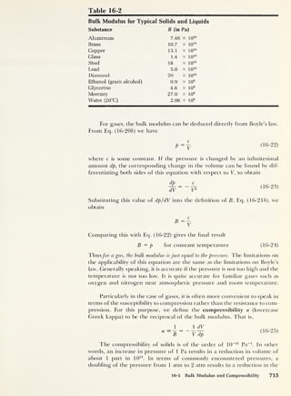 Table 16-2
Bulk Modulus for Typical Solids andI Liquids
Substance B (in Pa)
Aluminum 7.46 X 1010
Brass 10.7 X 1010
Copper 13.1 X 1010
Glass 1.4 X 1010
Steel 18 X 1010
Lead 5.0 X 1010
Diamond 20 X 1010
Ethanol (grain alcohol) 0.9 X 109
Glycerine 4.6 X 109
Mercury 27.0 X 109
Water (20°C) 2.06 X 109
For gases, the bulk modulus can be deduced directly from Boyle’s law.
From Ec]. (16-206) we have
P=^ (16-22)
where c is some constant. If the pressure is changed by an infinitesimal
amount dp, the corresponding change in the volume can he found by dif-
ferentiating both sides of this equation with respect to V, to obtain
dp c
~dV
= ~
V*
(16-23)
Substituting this value of dp/dV into the definition of B, Eq. (16-216), we
obtain
Comparing this with Eq. (16-22) gives the final result
B = p for constant temperature (16-24)
Thus/or a gas, the bulk modulus is just equal to the pressure. The limitations on
the applicability of this equation are the same as the limitations on Boyle’s
law. Generally speaking, it is accurate if the pressure is not too high and the
temperature is not too low. It is quite accurate for familiar gases such as
oxygen and nitrogen near atmospheric pressure and room temperature.
Particularly in the case of gases, it is often more convenient to speak in
terms of the susceptibility to compression rather than the resistance to com-
pression. For this purpose, we define the compressibility k (lowercase
Greek kappa) to be the reciprocal of the bulk modulus. That is,
1 _
B
~ ~ V ~dp
(16-25)
The compressibility of solids is of the order of 10
-11
Pa
-1
. In other
words, an increase in pressure of 1 Pa results in a reduction in volume of
about 1 part in 1011
. In terms of commonly encountered pressures, a
doubling of the pressure from 1 atm to 2 atm results in a reduction in the
16-5 Bulk Modulus and Compressibility 715
 
