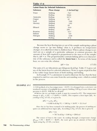 Table 17-4
Latent Heats for Selected Substances
Substance Phase change L (in kcal/kg)
Water Melting 79.7
Boiling 539.6
Ammonia Boiling 327.1
Copper Melting 42
Lead Melting 5.86
Mercury Melting 2.82
Boiling 65
Ethanol Melting 24.9
Boiling 204
Bromine Boiling 43.7
Helium Boiling 6.0
Nitrogen Melting 6.09
Boiling 47.6
Because the heat flowing into or out of the sample undergoing a phase
change seems to “go into hiding” (that is, it produces no temperature
change), it is called latent (that is, hidden) heat. When a phase change is car-
ried out on a sample of a particular substance at constant pressure, the
amount of heat AH required is proportional to the mass m of the sample;
that is, AH <x m. The proportionality constant linking AH to m is character-
istic of the substance and is called the latent heat L. In terms of the latent
heat, we can write the relation
AH = Lm (17-25)
The units of L are kilocalories per kilogram (kcal/kg). Table 17-4 gives val-
ues of the latent heat for selected substances. Water is again atypical in that
it has rather large latent heats of both melting and boiling.
In Example 17-7 a calorimeter is used to illustrate the fact that the heat
required to melt ice can come from the surrounding water, which is cooled
in the process.
EXAMPLE 17-7
A 3.00-kg block of ice has temperature — 10.0°C. It is dropped into a calorimeter (an
insulated container of negligible heat capacity) holding 5.00 kg of water whose tem-
perature is 40.0°C. Will the ice all melt?
Before the ice can begin to melt, it must be warmed to 0°C. The temperature
change is Arjce = 0°C — (— 10.0°C) = 10.0°C. This requires a heat input AHv Ac-
cording to Eq. (17-23), it is given by
AE/i Cice^tice ATce
= 0.502 kcal/(kg-°C) x 3.00 kg x 10.0°C = 15.1 kcal
Once the ice has been warmed to its melting point, the process of melting re-
quires an additional heat input AH2 . According to Eq. (17-25), this is given by
AH2 = Lm
= 79.7 kcal/kg x 3.00 kg = 239 kcal
The source of heat is the water. In cooling through a temperature change
ATvater = 0°C - 40.0°C = -40.0°C, the water gives up an amount of heat AH3 .
Again using Eq. (17-23), you have
766 The Phenomenology of Heat
 