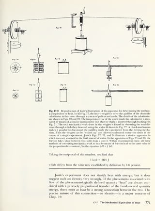 JUL..
Fig. 17-8 Reproduction of Joule’s illustrations of his apparatus for determining the mechan-
ical equivalent of heat. In his Fig. 77, the heavy weights ee drive the paddles of the churnlike
calorimeter in the center through a system of pulleys and cords. The details of the calorimeter
are shown in Figs. 69 and 70. The temperature rise of the water inside the calorimeter is mea-
sured by means of a precise thermometer (not shown) which is inserted through bushing b in
Fig. 71. The total mechanical work done by the weights is found by observing the total dis-
tance through which they descend, using the scales kk shown in Fig. 77. A clutch mechanism
makes it possible to disconnect the paddles inside the calorimeter from the driving mecha-
nism. Thus the weights can be “wound up” and allowed to descend numerous times in the
course of a single experiment. Joule’s Figs. 72, 73, and 74 illustrate a similar apparatus in
which mercury was used as the fluid instead of water. In the apparatus of Figs. 75 and 76, the
friction takes place between two solid disks e and b. Within experimental error, all these
methods of converting mechanical work to heat by means of friction lead to the same value of
the proportionality constant J in the equation AH = J AE.
Taking the reciprocal of this number, you find that
1 kcal = 4121 J
which differs from the value now established by definition by 1.6 percent.
Joule’s experiment does not identify heat with energy, but it does
suggest such an identity very strongly. If the phenomena associated with
flow of the phenomenologically defined quantity “heat” are always asso-
ciated with a precisely proportional transfer of the fundamental quantity
energy, there must at least be a strong connection between the two. The
precise nature of this connection —or identity —is a major concern of
Chap. 19.
17-7 The Mechanical Equivalent of Heat 771
 