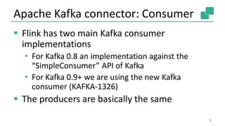 Apache Kafka connector: Consumer
 Flink has two main Kafka consumer
implementations
• For Kafka 0.8 an implementation aga...