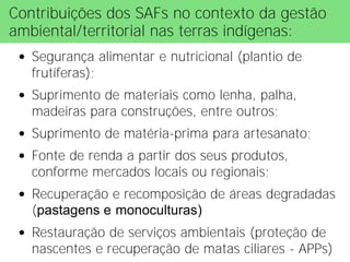 Contribuições dos SAFs no contexto da gestão
ambiental/territorial nas terras indígenas:
 • Segurança alimentar e nutricional (plantio de
   frutíferas);
 • Suprimento de materiais como lenha, palha,
   madeiras para construções, entre outros;
 • Suprimento de matéria-prima para artesanato;
 • Fonte de renda a partir dos seus produtos,
   conforme mercados locais ou regionais;
 • Recuperação e recomposição de áreas degradadas
   (pastagens e monoculturas)
 • Restauração de serviços ambientais (proteção de
   nascentes e recuperação de matas ciliares - APPs)
 