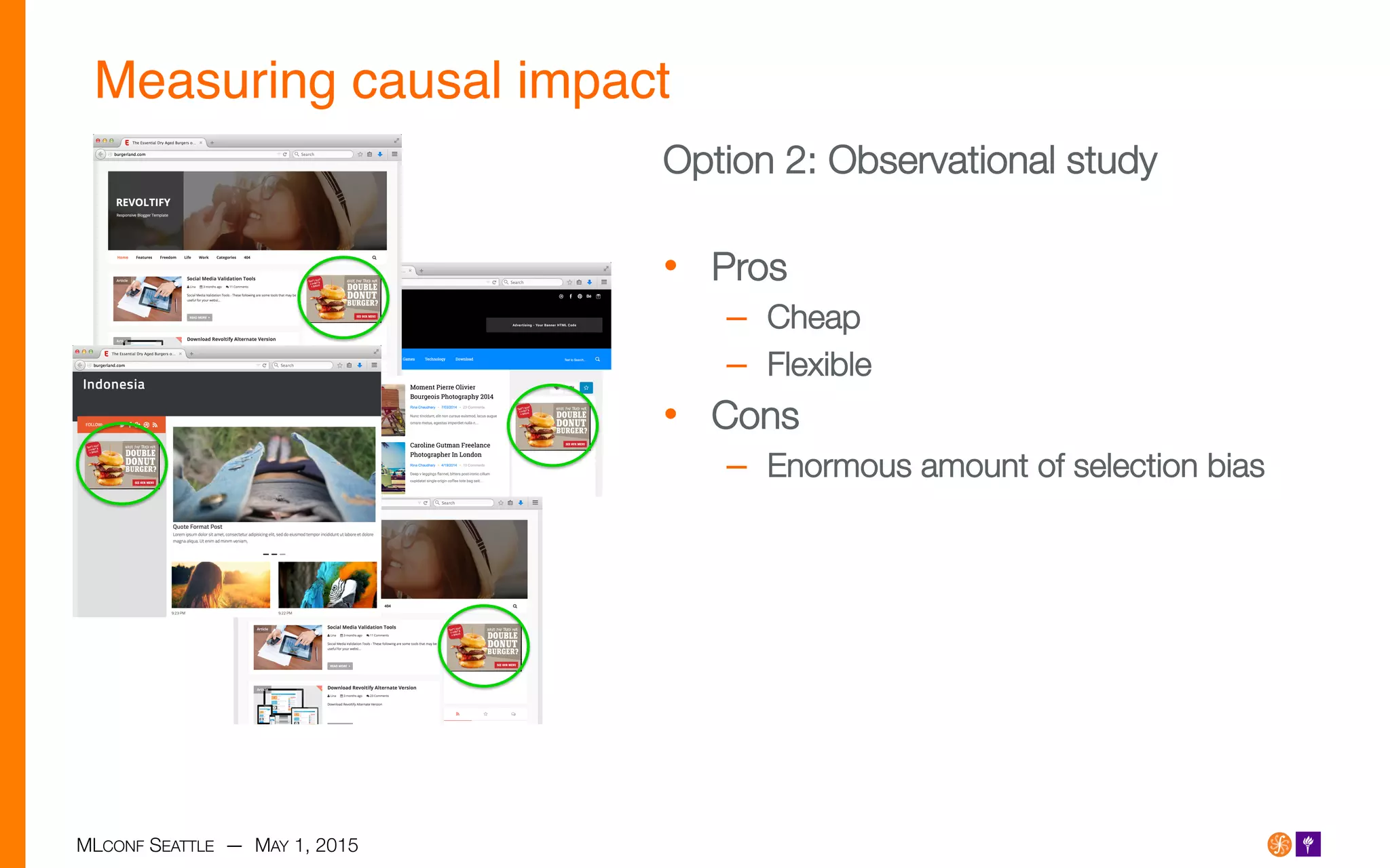 MLCONF SEATTLE — MAY 1, 2015
Measuring causal impact!
Option 2: Observational study

•  Pros
–  Cheap
–  Flexible
•  Cons
–  Enormous amount of selection bias
 