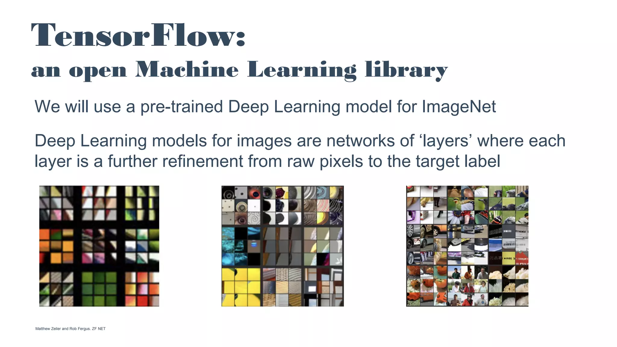 TensorFlow:
an open Machine Learning library
We will use a pre-trained Deep Learning model for ImageNet
Deep Learning models for images are networks of ‘layers’ where each
layer is a further refinement from raw pixels to the target label
Matthew Zeiler and Rob Fergus. ZF NET
 