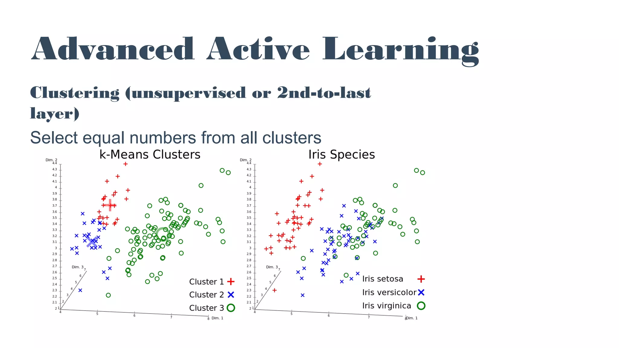 Advanced Active Learning
Clustering (unsupervised or 2nd-to-last
layer)
Select equal numbers from all clusters
 