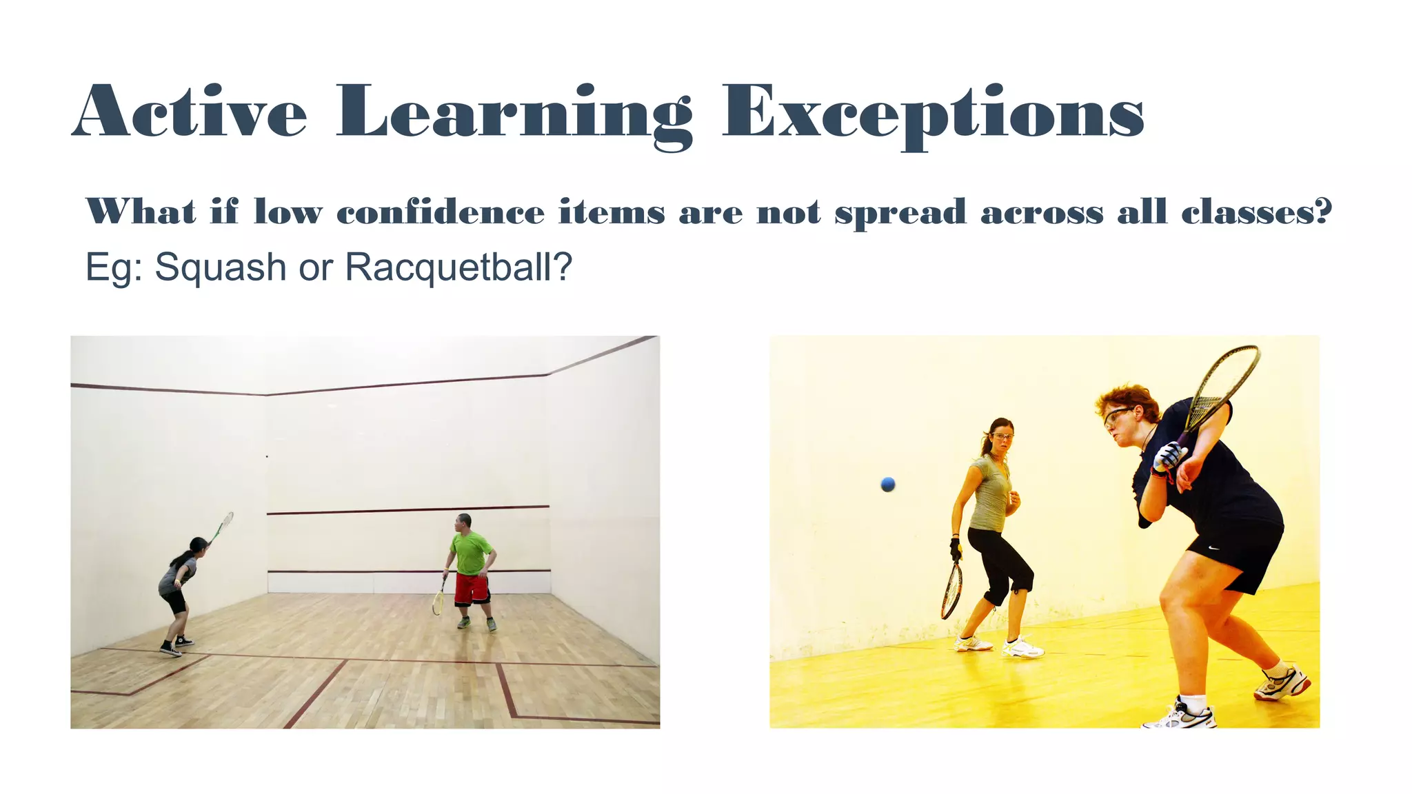 Active Learning Exceptions
What if low confidence items are not spread across all classes?
Eg: Squash or Racquetball?
 