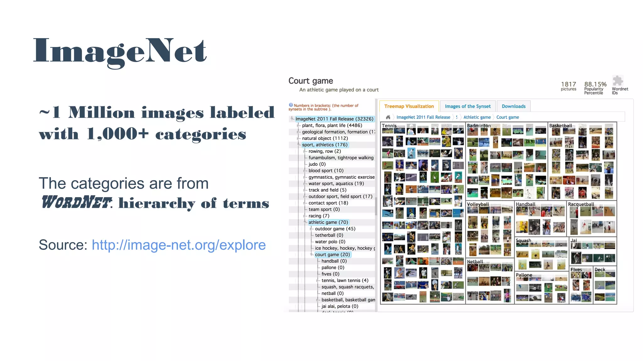 ImageNet
~1 Million images labeled
with 1,000+ categories
The categories are from
WordNet: hierarchy of terms
Source: http://image-net.org/explore
 