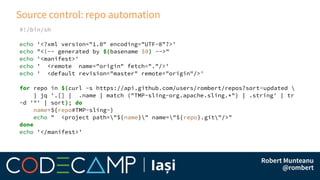 Source control: repo automation
#!/bin/sh
echo '<?xml version="1.0" encoding="UTF-8"?>'
echo "<!-- generated by $(basename $0) -->"
echo '<manifest>'
echo ' <remote name="origin" fetch="."/>'
echo ' <default revision="master" remote="origin"/>'
for repo in $(curl -s https://api.github.com/users/rombert/repos?sort=updated 
| jq '.[] | .name | match ("TMP-sling-org.apache.sling.*") | .string' | tr
-d '"' | sort); do
name=${repo#TMP-sling-}
echo " <project path="${name}" name="${repo}.git"/>"
done
echo '</manifest>'
 