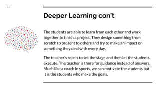 Deeper Learning con’t
The students are able to learn from each other and work
together to finish a project. They design something from
scratch to present to others and try to make an impact on
something they deal with every day.
The teacher’s role is to set the stage and then let the students
execute. The teacher is there for guidance instead of answers.
Much like a coach in sports, we can motivate the students but
it is the students who make the goals.
 
