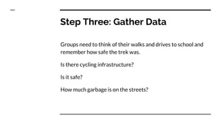 Step Three: Gather Data
Groups need to think of their walks and drives to school and
remember how safe the trek was.
Is there cycling infrastructure?
Is it safe?
How much garbage is on the streets?
 