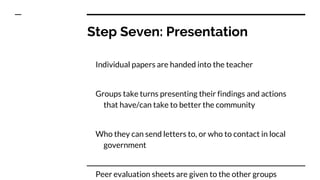 Step Seven: Presentation
Individual papers are handed into the teacher
Groups take turns presenting their findings and actions
that have/can take to better the community
Who they can send letters to, or who to contact in local
government
Peer evaluation sheets are given to the other groups
 