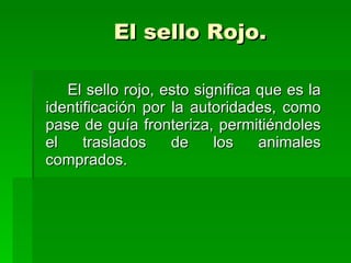 El sello Rojo. El sello rojo, esto significa que es la identificación por la autoridades, como pase de guía fronteriza, permitiéndoles el traslados de los animales comprados. 