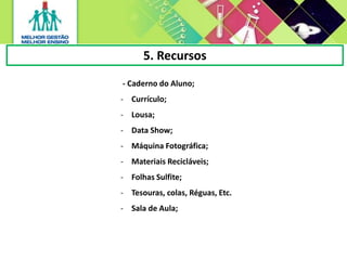 5. Recursos
- Caderno do Aluno;
- Currículo;
- Lousa;
- Data Show;
- Máquina Fotográfica;
- Materiais Recicláveis;
- Folhas Sulfite;
- Tesouras, colas, Réguas, Etc.
- Sala de Aula;
 