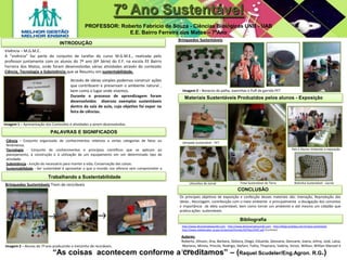 7º Ano Sustentável
PROFESSOR: Roberto Fabricio de Souza - Ciências Biológicas UNB - UAB
E.E. Bairro Ferreira dos Matos – 7ºAno
INTRODUÇÃO
Vivência – M.G.M.E.
A “vivência” faz parte do conjunto de tarefas do curso M.G.M.E., realizada pelo
professor juntamente com os alunos do 7º ano (6ª Série) do E.F. na escola EE Bairro
Ferreira dos Matos, onde foram desenvolvidas várias atividades através do conteúdo
Ciência, Tecnologia e Subsistência que se Resumiu em sustentabilidade.
Materiais Sustentáveis Produzidos pelos alunos - Exposição
Bibliografia
http://www.dicionariodoaurelio.com - http://www.dicionariodoaurelio.com - http://blogs.estadao.com.br/seja-sustentavel
http://www.rededosaber.sp.gov.br/portais/Portals/43/Files/CNST.pdf (Currículo)
Através de ideias simples podemos construir ações
que contribuem e preservam o ambiente natural ,
bem como o lugar onde vivemos.
Durante o processo de aprendizagem foram
desenvolvidos diversos exemplos sustentáveis
dentro da sala de aula, cujo objetivo foi expor na
feira de ciências.
PALAVRAS E SIGNIFICADOS
Ciência - Conjunto organizado de conhecimentos relativos a certas categorias de fatos ou
fenômenos.
Tecnologia - Conjunto de conhecimentos e princípios científicos que se aplicam ao
planejamento, à construção e à utilização de um equipamento em um determinado tipo de
atividade.
Subsistência - Junção do necessário para manter a vida; Conservação das coisas.
Sustentabilidade - Ser sustentável é aproveitar o que o mundo nos oferece sem comprometer a
disponibilidade para as futuras gerações.
Imagem 1 – Apresentação dos Conteúdos e atividades a serem desenvolvidas.
Trabalhando a Sustentabilidade
Brinquedos Sustentáveis Trem de recicláveis
Brinquedos Sustentáveis
Imagem 2 – Alunos do 7º ano produzindo o trenzinho de recicláveis.
Imagem 3 – Bonecos de palha, Joaninhas e Puff de garrafa PET
CONCLUSÂO
Os principais objetivos de exposição e confecção desses materiais são: Interação, Reprodução das
ideias , Reciclagem, contribuição com o meio ambiente e principalmente a divulgação dos conceitos
e importância da ideia sustentável, bem como tornar um ambiente e até mesmo um cidadão que
pratica ações sustentáveis.
Lâmpada Sustentável - PET
Utensílios de Jornal Tinta Sustentável de Terra
Pais e Alunos Visitando a exposição
Bolsinha Sustentável - Lacres
“As coisas acontecem conforme a creditamos” – (Raquel Scudeler/Eng.Agron. R.G.)
Autores:
Roberto, Alisson, Ana, Barbara, Debora, Diego, Eduarda, Geovana, Geovane, Joana, Johny, José, Laisa,
Mariano, Mirela, Priscila, Rodrigo, Stefani, Talita, Thaynara, Valéria, Victor, Willian, Willian Manoel e
Juliano.
 