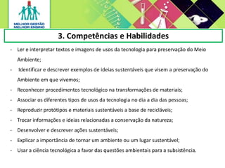 3. Competências e Habilidades
- Ler e interpretar textos e imagens de usos da tecnologia para preservação do Meio
Ambiente;
- Identificar e descrever exemplos de ideias sustentáveis que visem a preservação do
Ambiente em que vivemos;
- Reconhecer procedimentos tecnológico na transformações de materiais;
- Associar os diferentes tipos de usos da tecnologia no dia a dia das pessoas;
- Reproduzir protótipos e materiais sustentáveis a base de recicláveis;
- Trocar informações e ideias relacionadas a conservação da natureza;
- Desenvolver e descrever ações sustentáveis;
- Explicar a importância de tornar um ambiente ou um lugar sustentável;
- Usar a ciência tecnológica a favor das questões ambientais para a subsistência.
 
