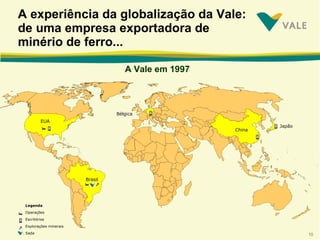 A experiência da globalização da Vale: de uma empresa exportadora de minério de ferro... A Vale em 1997 Brasil China Japão Legenda Operações Escritórios Explorações minerais Sede EUA Bélgica 