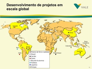 Canadá Brasil Moçambique Desenvolvimento de projetos em escala global Peru Chile Austrália Nova Caledônia Indonésia Omã China Min é rio de ferro e pelotas N í quel Carvão Cobre Bauxita & alumina Fosfatos  Log í stica Energia 
