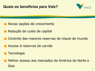 Quais os benefícios para Vale? Novas opções de crescimento Redução do custo de capital Controle das maiores reservas de níquel do mundo Acesso à reservas de carvão Tecnologia Melhor acesso aos mercados da América do Norte e Ásia 