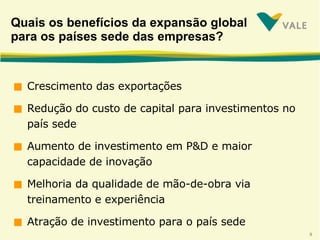 Quais os benefícios da expansão global para os países sede das empresas? Crescimento das exportações Redução do custo de capital para investimentos no país sede Aumento de investimento em P&D e maior capacidade de inovação Melhoria da qualidade de mão-de-obra via treinamento e experiência Atração de investimento para o país sede 