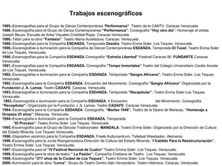 1985.- Escenografías para el Grupo de Danza Contemporánea “ Performance” . Teatro de la CANTV. Caracas Venezuela. 1986. -Escenografía para el Grupo de Danza Contemporánea  “Performance”.  Coreografía  “Hoy otro día”.  Homenaje al artista Joseph Beuys. Escuela de Artes Visuales Cristóbal Rojas. Caracas Venezuela.  1986. -Telón para la obra  “Fantasía” . Teatro María Auxiliadora. Caracas. Venezuela. 1989. -Escenografías para la Compañía  ESDANZA , Temporada  Desidia.  Teatro Enma Soler. Los Teques. Venezuela.  1990. -Escenografías e iluminación para la Compañía de Danza Contemporánea  ESDANZA , Temporada  El Túnel.  Teatro Enma Soler de Los Teques. Venezuela. 1990.- Escenografías para la Compañía  ESDANZA  Coreografía  “Extraña Libertad”  Festival Caracas 90.  FUNDARTE  Caracas. Venezuela. 1991.- Escenografías para la Compañía  ESDANZA.  Coreografía  “Tempo Inmortales”  Teatro del Colegio Universitario Cecilio Acosta de Los Teques. Venezuela. 1992. -Escenografías e iluminación para la Compañía  ESDANZA . Temporada  “Sangre Africana”.  Teatro Enma Soler. Los Teques. Venezuela. 1992. -Escenografía para la Compañía  ESDANZA . Encuentro del Movimiento. Coreografía  “Sangre Africana”  Organizada por la  Fundación J. A. Lamas . Teatro  CADAFE . Caracas. Venezuela. 1993.- Escenografías e iluminación para la Compañía  ESDANZA.  Temporada  “Recapitular”.  Teatro Enma Soler Los Teques. Venezuela  1993. -Escenografía e iluminación para la Compañía  ESDANZA . II Encuentro  del Movimiento. Coreografía  “Recapitular”.  Organizada por la Fundación J. A. Lamas. Teatro  CADAFE . Caracas Venezuela. 1994. -Escenografía para la Compañía  ESDANZA . Coreografía.  “Martes 1948”.  Teatro de la Opera de Maracay.  “Homenaje a Oropeza 25 años”.  Maracay. Venezuela. 1994.- Escenografía e iluminación para la Compañía  ESDANZA.  Temporada “ El Proceso”.  Teatro Enma Soler. Los Teques. Venezuela. 1995.- Escenografía para el Grupo de Danzas Tradicionales  MANDALA . Teatro Enma Soler. Organizado por la Dirección de Cultura del Estado Miranda. Los Teques Venezuela.  1996. -Dispositivo escénico para la Compañía  ESDANZA.   Freels Kulturzentrum, Tattelsal Wiesbaden.  Alemania. 1996.- Escenografía para la Junta Reorganizadora Dirección de Cultura del Estado Miranda, “ I Cabildo Para la Reestructuración”.  Teatro Emma Soler. Los Teques. Venezuela. 1997. -Escenografía para el  “IV Festival Nacional de Cuatro”  Teatro Emma Soler. Los Teques. Venezuela. 1998.- Escenografía para la obra de teatro  “ La Pasión”.  Compañía Cristiana de Teatro.  Los Teques. Venezuela. 1998.- Escenografía  “217 años de la Ciudad de Los Teques”.  Teatro Emma Soler. Los Teques. Venezuela. 2000.- Iluminación para la obra  “Lorca” . Grupo de Teatro Centro Italo Venezolano. Teatro Hebraica. Caracas. Venezuela Trabajos escenográficos 