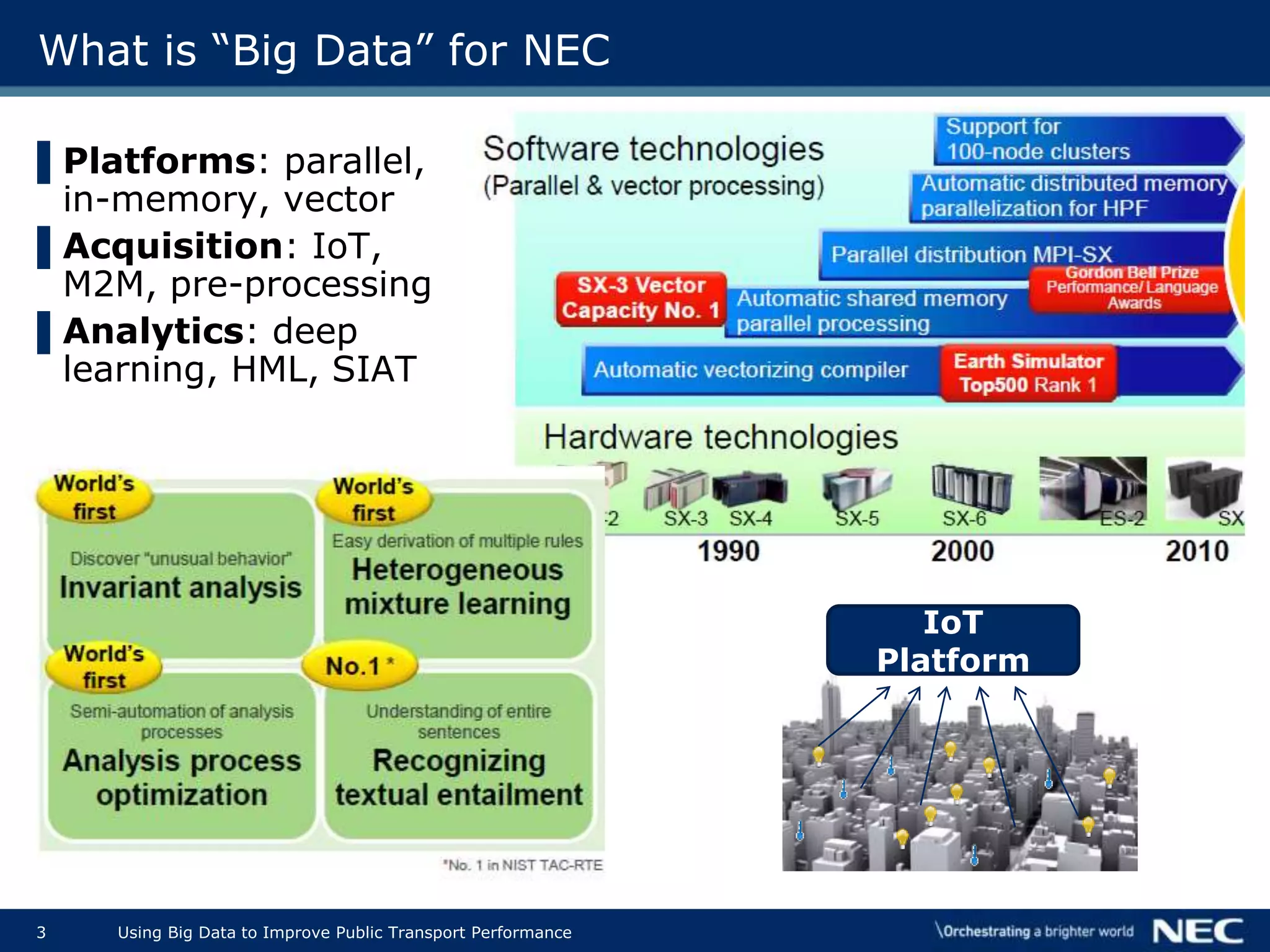 3 Using Big Data to Improve Public Transport Performance
What is “Big Data” for NEC
▌Platforms: parallel,
in-memory, vector
▌Acquisition: IoT,
M2M, pre-processing
▌Analytics: deep
learning, HML, SIAT
IoT
Platform
 