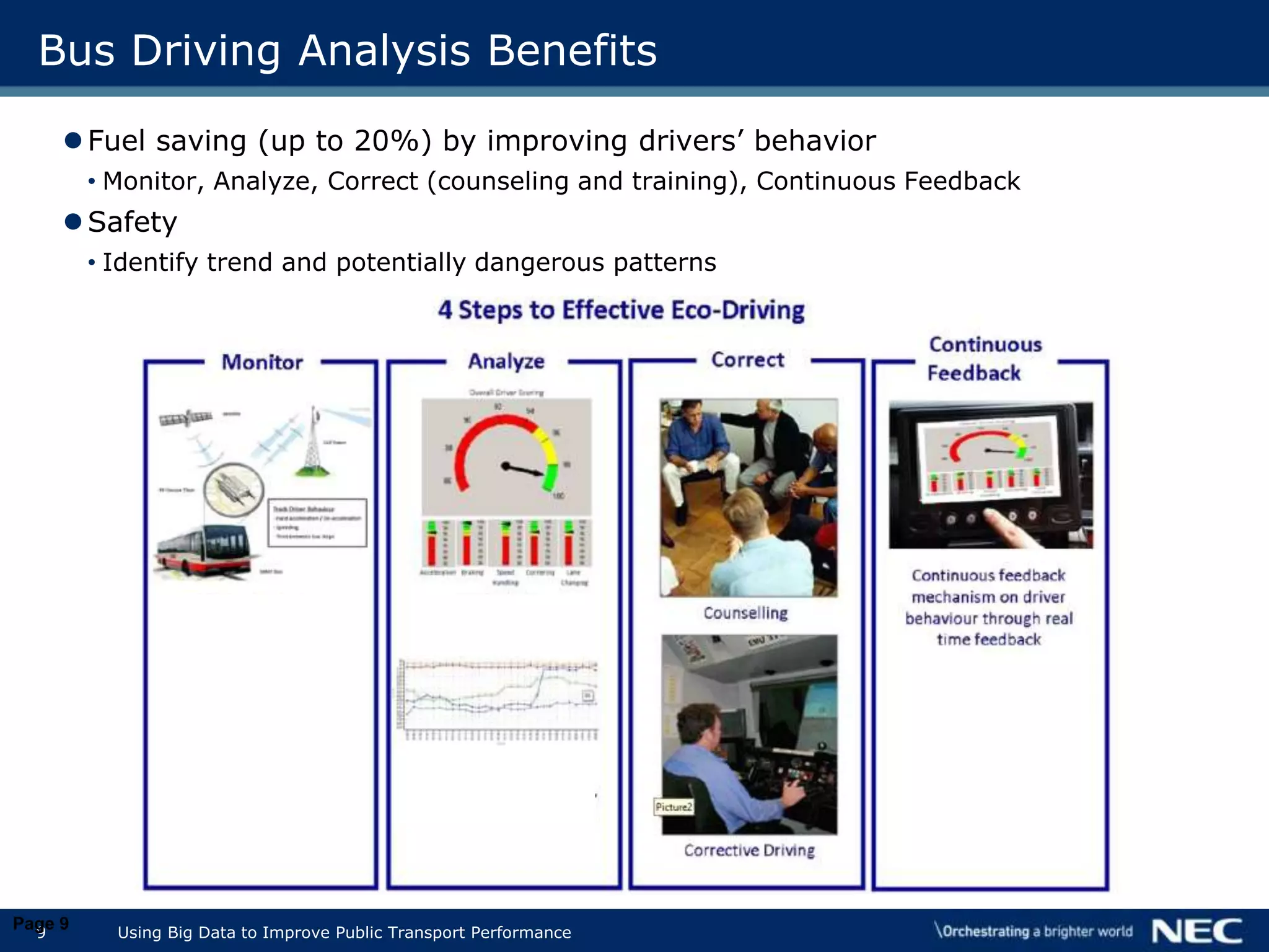 9 Using Big Data to Improve Public Transport Performance
Bus Driving Analysis Benefits
Fuel saving (up to 20%) by improving drivers’ behavior
• Monitor, Analyze, Correct (counseling and training), Continuous Feedback
Safety
• Identify trend and potentially dangerous patterns
Page 9
 