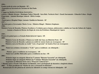 1994 –
Funda escola de artes em Batatais - SP –
Exposição na Secretaria de Turismo de São Paulo
1995 –
3º lugar no MAPA CULTURAL PAULISTA-
críticos: ( Rhada Abramo - Domingos Tadeu Chiarelli - Sara Bels- Norberto Stori - Enock Sacramento - Eduardo Uchoa - Sérgio
Fingerman - Antonio Henrique Amaral - Olívio Araújo.
1996 –
Painel para o Hospital Major Antonio Cândido de Batatais - SP
1997 –
Retratos para o Governador Mario Covas - Ministro Hingel - Ministro Stephanes
1998 –
Ministra Curso de Desenho, Pintura, Escultura e Cerâmica para crianças, adolescentes e adultos na Casa da Cultura de Cajuru .
Assume a função de Diretor do Depto de Artes da Prefeitura Municipal de Cajuru
1999 –
Pintura de painel para a a Estação Rodoviária de Cajuru - SP.
2000 -
Ministra Curso de Desenho e Pintura no Ateliê Jair Iany em Ribeirão Preto - SP
Ministra Curso de Desenho e pintura no ateliê de Acácia Zanin em Araraquara - SP
Ministra curso de Desenho no Ateliê ''Arte e Expressão'' de Sandra Fiori em Araraquara
2001 –
Painel em cerâmica retratando o ''Café '' para a residência em Altinópolis –
2001 –
Pintura para a residência em Araraquara – SP.
Painel em Ladrilho Hidraulico para a residência em Jau – SP.
2002 –
Primeiro lugar na categoria Mural na 7ª semana “Bassano Vaccarini” em Altinópolis.
Primeiro lugar na categoria Pintura na 7ª semana “Bassano Vaccarini” em Altinópolis.
Exposição em Ribeirão Preto com o “Proyecto Cultural Sur”.
* Mosaico para a Escola Célia Bueno em Batatais, com a participação de duzentos e cinqüenta alunos.
2003 - É eleito presidente do “Núcleo de Arte e artesanato de Batatais”.
Restauração de oito pinturas de autoria de Aldemirio no antigo cinema de Altinópolis – SP
 