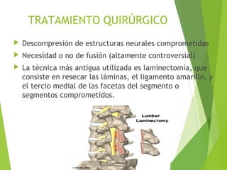 TRATAMIENTO QUIRÚRGICO
 Descompresión de estructuras neurales comprometidas
 Necesidad o no de fusión (altamente controversial)
 La técnica más antigua utilizada es laminectomía, que
consiste en resecar las láminas, el ligamento amarillo, y
el tercio medial de las facetas del segmento o
segmentos comprometidos.
 