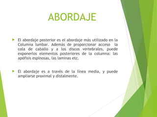  El abordaje posterior es el abordaje más utilizado en la
Columna lumbar. Además de proporcionar acceso la
cola de caballo y a los discos vertebrales, puede
exponerlos elementos posteriores de la columna: las
apófisis espinosas, las laminas etc.
 El abordaje es a través de la línea media, y puede
ampliarse proximal y distalmente.
ABORDAJE
 
