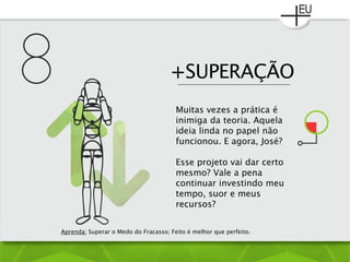 +SUPERAÇÃO
Muitas vezes a prática é
inimiga da teoria. Aquela
ideia linda no papel não
funcionou. E agora, José?
Esse projeto vai dar certo
mesmo? Vale a pena
continuar investindo meu
tempo, suor e meus
recursos?
Aprenda: Superar o Medo do Fracasso; Feito é melhor que perfeito.
 