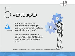 +EXECUÇÃO
A maioria das pessoas
trabalham duro. Então, por
que mesmo com muito esforço
o resultado vem pouco?
Não é suficiente somente o
fazer. É mais importante ainda
saber o que fazer e quando
fazer.
Aprenda: Desenvolver o foco e quebrar atividades difíceis em tarefas possíveis.
 