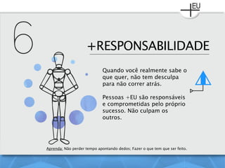 +RESPONSABILIDADE
Quando você realmente sabe o
que quer, não tem desculpa
para não correr atrás.
Pessoas +EU são responsáveis
e comprometidas pelo próprio
sucesso. Não culpam os
outros.
Aprenda: Não perder tempo apontando dedos; Fazer o que tem que ser feito.
 